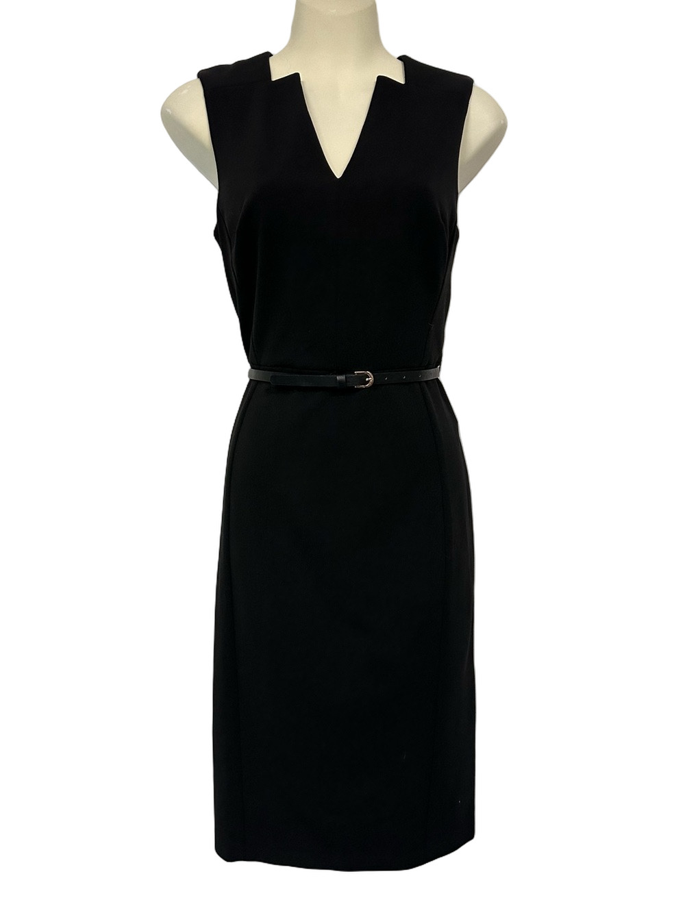 Calvin Klein Black Belted Sleeveless Dress Size 8 Hostess Server Funeral Classic